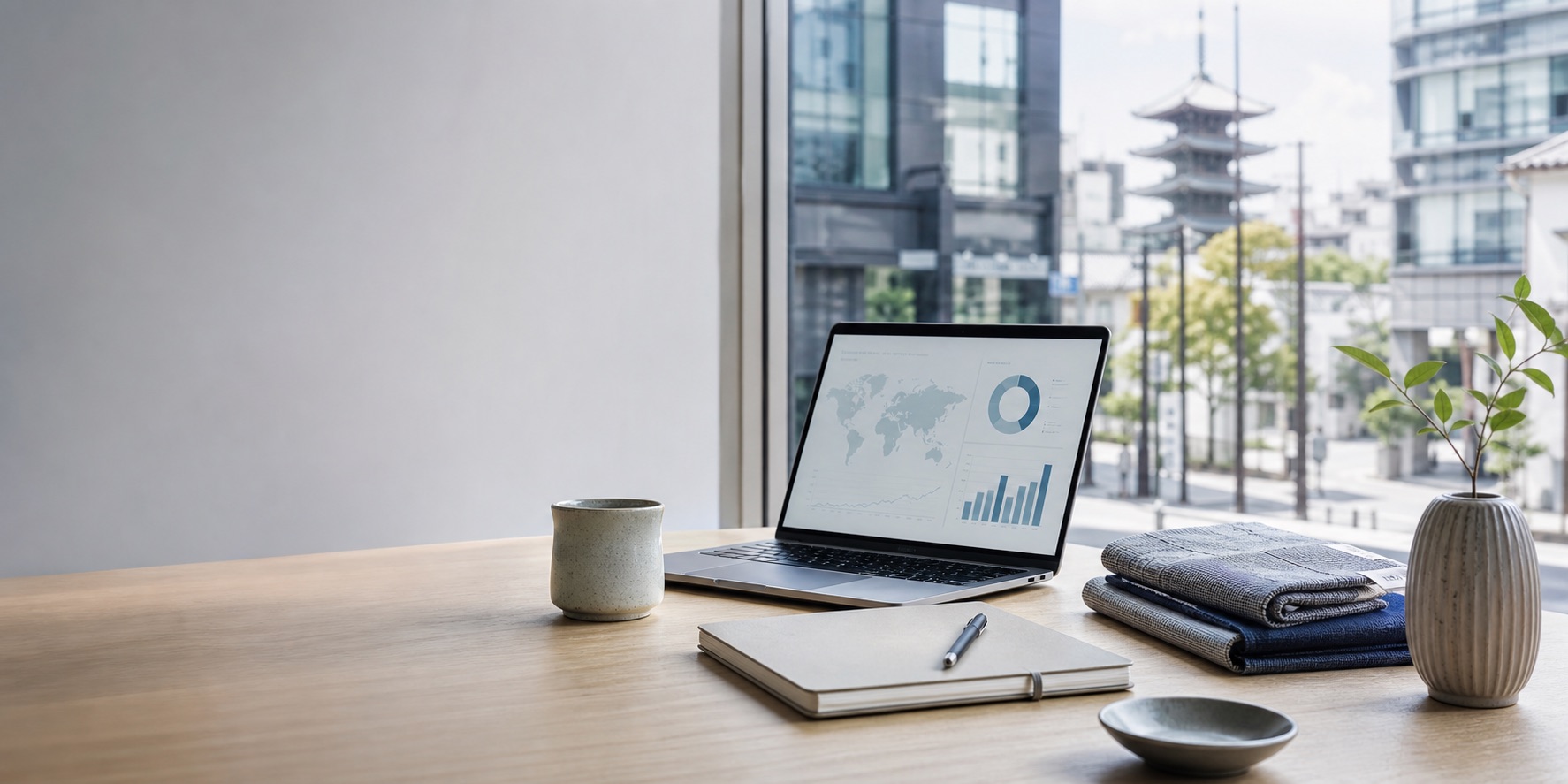 Modern business desk with lifestyle goods for KASANE website